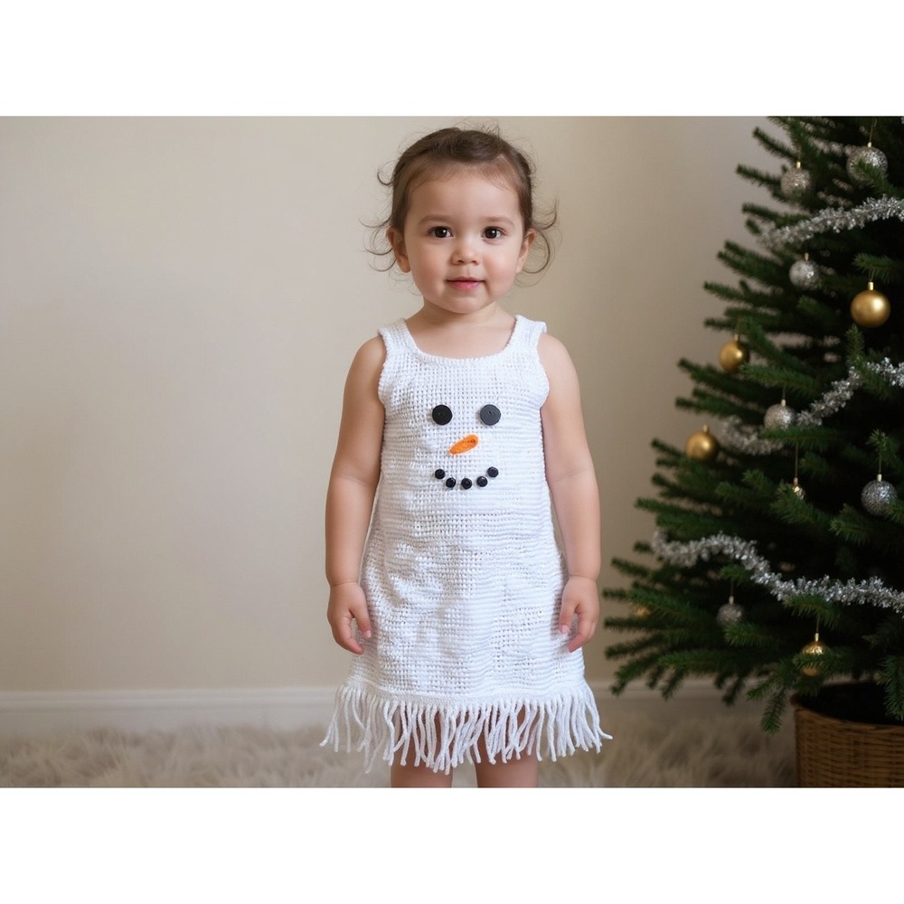 Kids White Snowman Crochet Tank Dress Fringe Festival Holiday Toddler